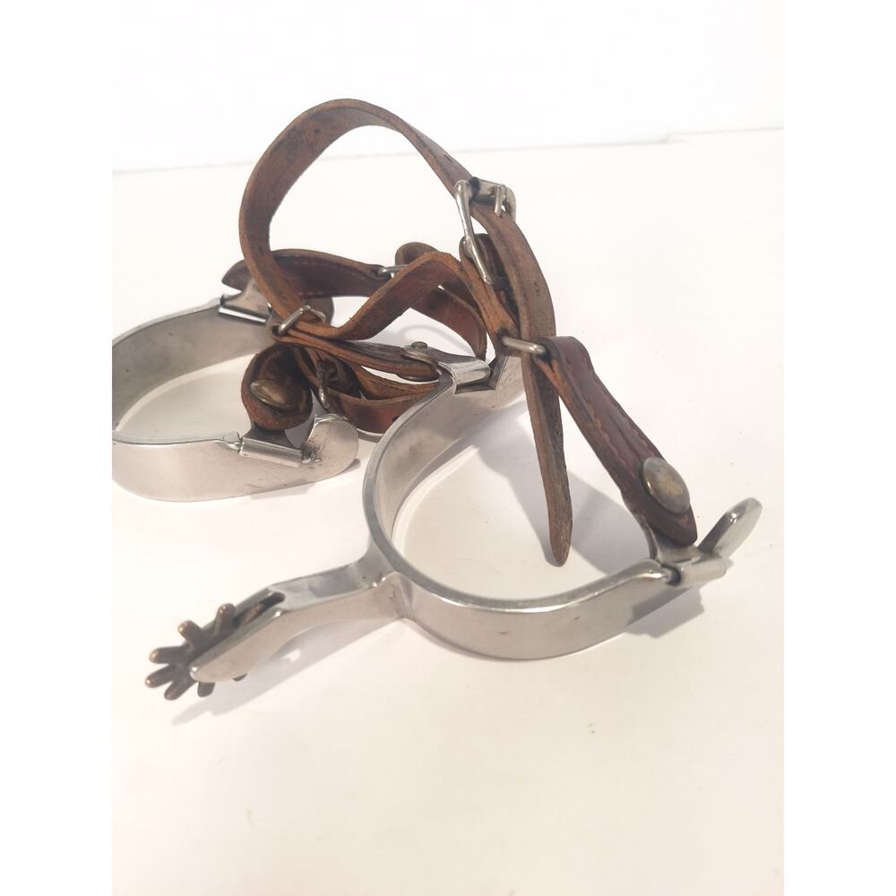 Western Stainless Steel Spurs Leather Straps Cowboy Ranch Riding Tack Late 1970s
